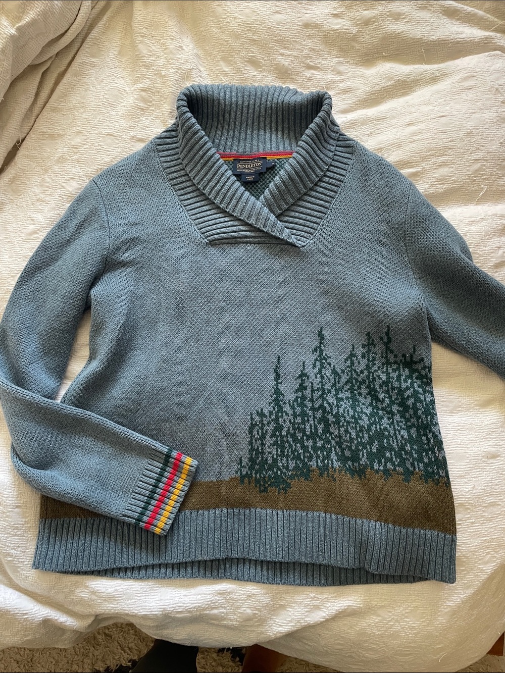 Pendleton Slate Blue Shawl-Collar Sweater with Forest Graphic